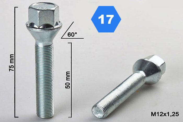 M12x1,25, Verlengde wielbout conisch, Draadlengte 50mm, SW 17